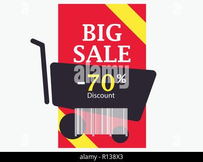 Big sale 70 percent discount. Barcode and shopping cart. Trolley icon. Black friday. Vector illustration Stock Vector