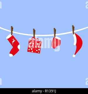 Santa Claus accessories hang on clothespins Stock Vector