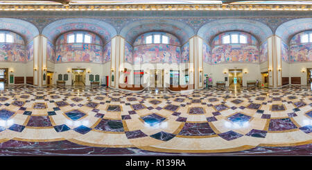 360 degree panoramic view of Grand Rotunda at the Central Library in downtown Los Angeles, featuring murals by Dean Cornwell.