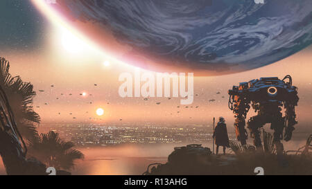 sci-fi concept showing a man standing at the futuristic portal, digital ...