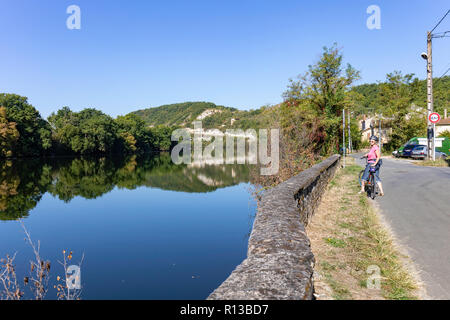 The excellent cycle track running alongside the Lot River, France Stock Photo