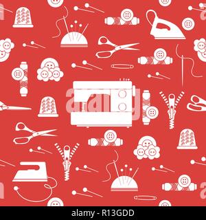 Seamless pattern with zipper, needles, thimble, pins, threads, buttons, scissors, sewing machine, iron. Sewing and needlework background. Template for Stock Vector