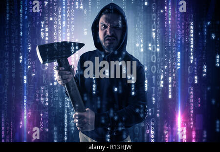 Masked and armed anonymous hacker breaking in cyber security cloud data concept  Stock Photo