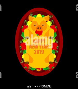 New Year 2019 Fried pig on plate. Roasted piggy with apples. Delicacy roast pork Stock Vector