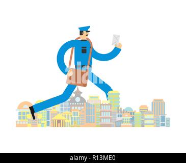 Postman run city. Mailman Running by town Stock Vector