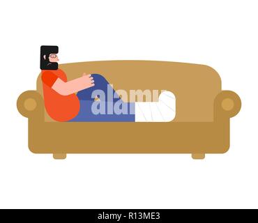 Man on sofa with broken leg isolated. Stock Vector