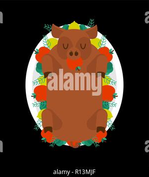 Fried pig on plate. Roasted piggy with apples. Delicacy roast pork Stock Vector