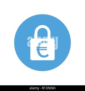 Lock icon. Padlock sign. Euro. Finance protection. Vector illustration. Flat design. White on blue background. Stock Vector