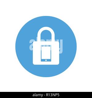 Lock icon. Padlock sign. Phone. Vector illustration. Flat design. White on blue background. Stock Vector