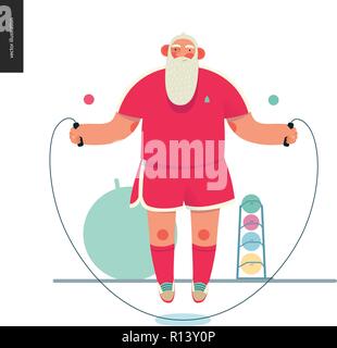 Sporting Santa - rope jumping - modern flat vector concept illustration of cheerful Santa Claus doing jumps over the rope exercises in gym, wearing re Stock Vector