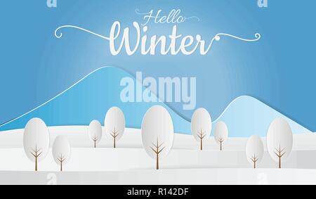 Paper art of landscape with village in winter snow forest, Hello Winter Stock Vector