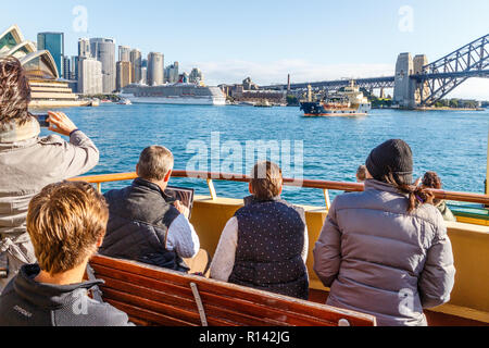 Sydney, Australia - 5th June 2015: Tourists onboard the Manly Ferry. The ferry is a popular tourist attraction. Stock Photo