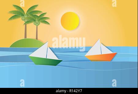 Sailing boat in sea with sun and coconut tree, Paper art style. Vector illustration Stock Vector