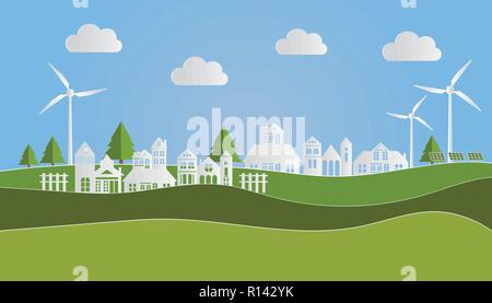 Landscape of village in nature, Eco green city, GO GREEN SAVE THE WORLD concept, Paper art style. Vector illustration Stock Vector