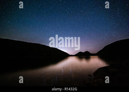 Jordan Pond under a starry night Stock Photo