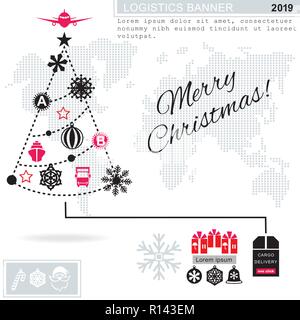 Pathway in the shape of christmas tree on white background. Red black grey christmas logistics icons on the white background. Technology background Stock Vector