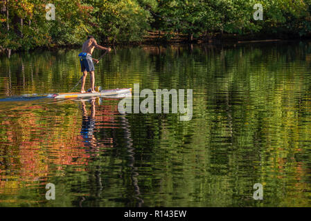 Paddleboarding at sunset on a beautiful fall day at Stone Mountain Lake in Atlanta, Georgia's Stone Mountain Park. (USA) Stock Photo