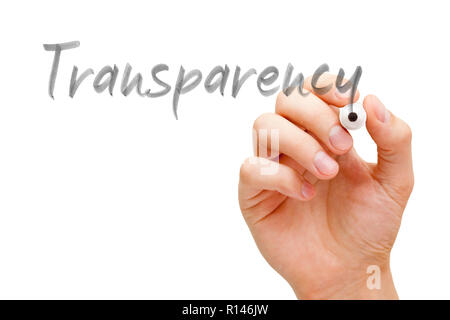 Hand writing the word Transparency with black marker on transparent wipe board isolated on white.