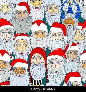 Seamless Christmas pattern of Santa Claus heads from different countries Stock Vector