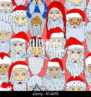 Seamless Christmas pattern of Santa Claus heads from different countries Stock Vector