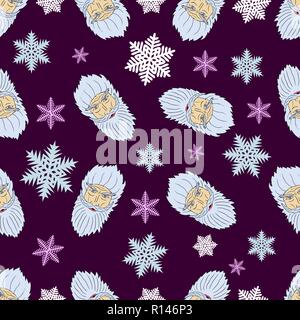 Seamless Christmas pattern of the heads of the arctic Santa Claus with snowflakes Stock Vector