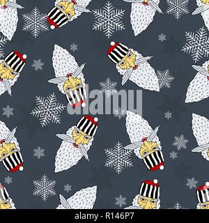Seamless Christmas pattern of the heads of the prison Santa Claus with snowflakes Stock Vector