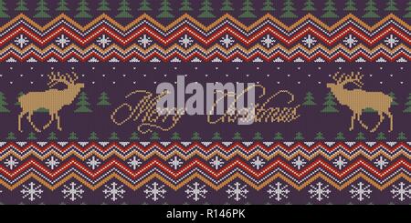 Merry Christmas. Winter knitted woolen seamless pattern with red deer in night spruce forest Stock Vector