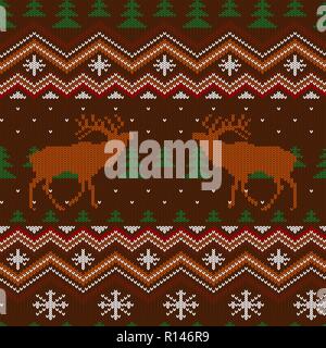 Winter knitted woolen seamless pattern with red deer and Christmas trees Stock Vector