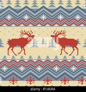 Winter knitted woolen seamless pattern with red deer in conifer forest Stock Vector