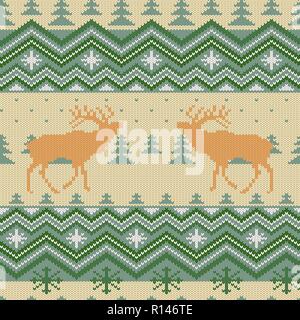 Christmas knitted woolen seamless pattern with red deer in conifer forest Stock Vector