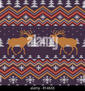 Christmas winter knitted woolen seamless pattern with red deer in snow-covered spruce forest Stock Vector