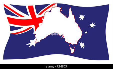 The flag of Australia with a map inset waving in wind Stock Photo