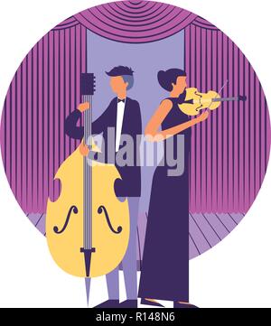 musician man and woman with with cello violin on stage vector illustration Stock Vector
