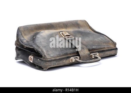 Retro briefcase, black leather flapover, covered with dust, isolated on white background with shadow Stock Photo