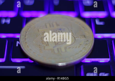 Silver bitcoin on illu Stock Photo