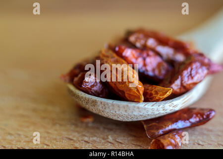 Wooden spoon with Dried red chili Stock Photo