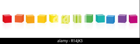 Colorful cubes. Set of 14 rainbow colored cubes in a row - illustration on white background. Stock Photo