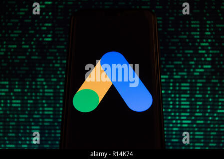 Google Ads logo is seen on an Android mobile device. Stock Photo