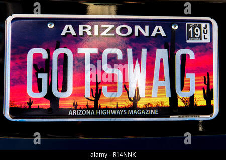 SEPT 13, 2018 ARIZONA, USA -Arizona license plate reads 'Got SWAG' Stock Photo
