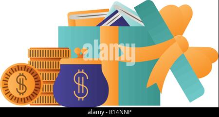 gift open with books and coin bag isolated icon Stock Vector