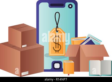 smartphone with tag purchase and cardboard boxes Stock Vector