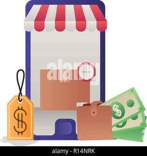 smartphone with tag purchase and cardboard boxes Stock Vector