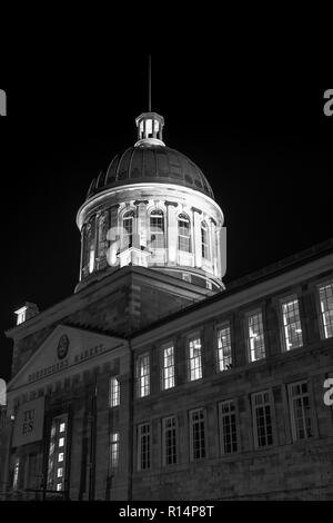 Marche Bonsecours - architecture Montreal landmark at night. Black and White photograph Stock Photo