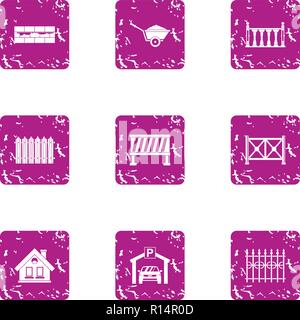 Village fence icons set, grunge style Stock Vector