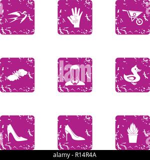 Womanish icons set, grunge style Stock Vector