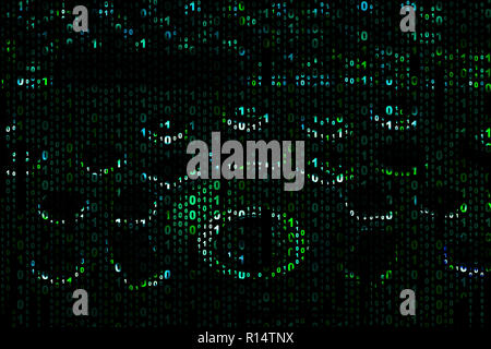 hacker screensaver with a binary code on the background of a technologically advanced keyboard, mixed media Stock Photo
