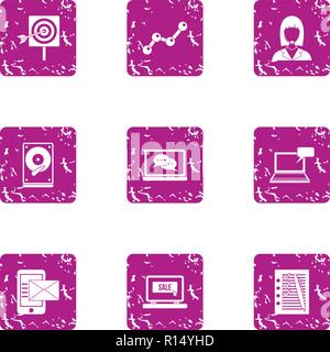 Record data icons set, grunge style Stock Vector