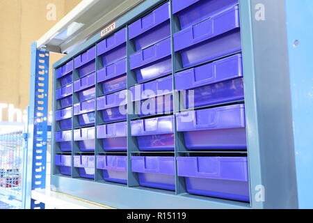 Plastic drawer for keeping parts in factory Stock Photo