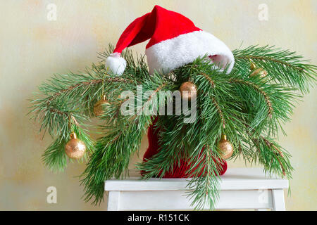 Christmas tree branches in a pot on a chair, home holidays decor Stock Photo