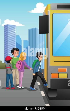 A vector illustration of School Children at School Bus Stop Stock Vector